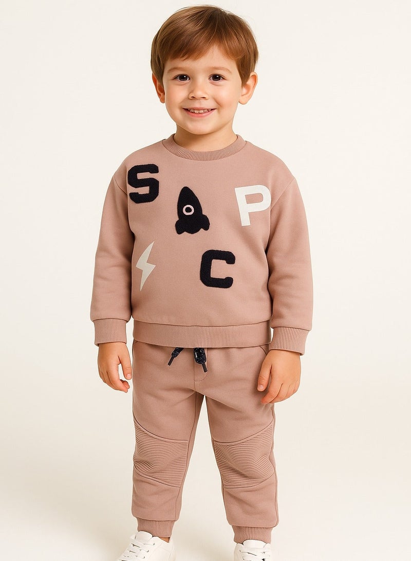 Dirkje Boys Space Patch Fleece Tracksuit – Sand- 2-Piece Set - Image 1