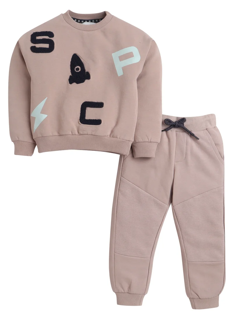 Dirkje Boys Space Patch Fleece Tracksuit – Sand- 2-Piece Set