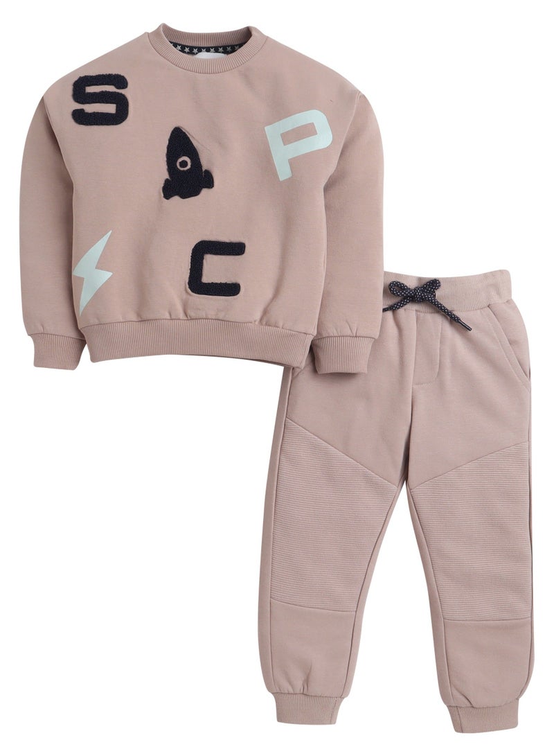 Dirkje Boys Space Patch Fleece Tracksuit – Sand- 2-Piece Set - Image 2
