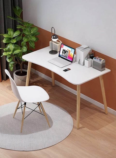 Modern Minimalist White Computer Desk with Curved Edge and Wooden Legs