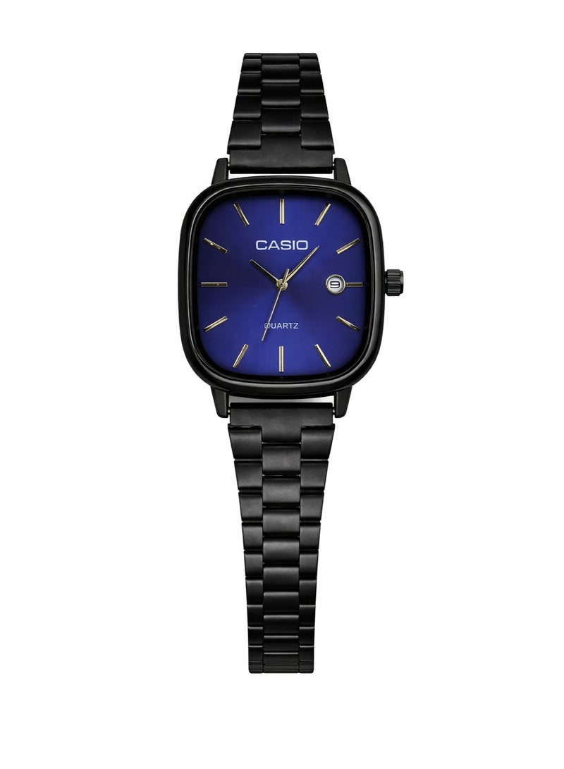 ساعة كاسيو مربعة الشكل من الفولاذ المقاوم للصدأ الأسود مع مينا أزرق وعرض للتاريخ