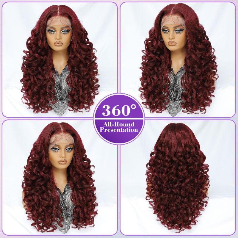Felek Burgundy Wig Long Synthetic 13x6 Lace Front Wigs for Black and White Women Red Loose Wave HD Transparent Lace Frontal Wigs Pre Plucked 99J Wear and Go Glueless Curly Wig 24 inch - Image 2