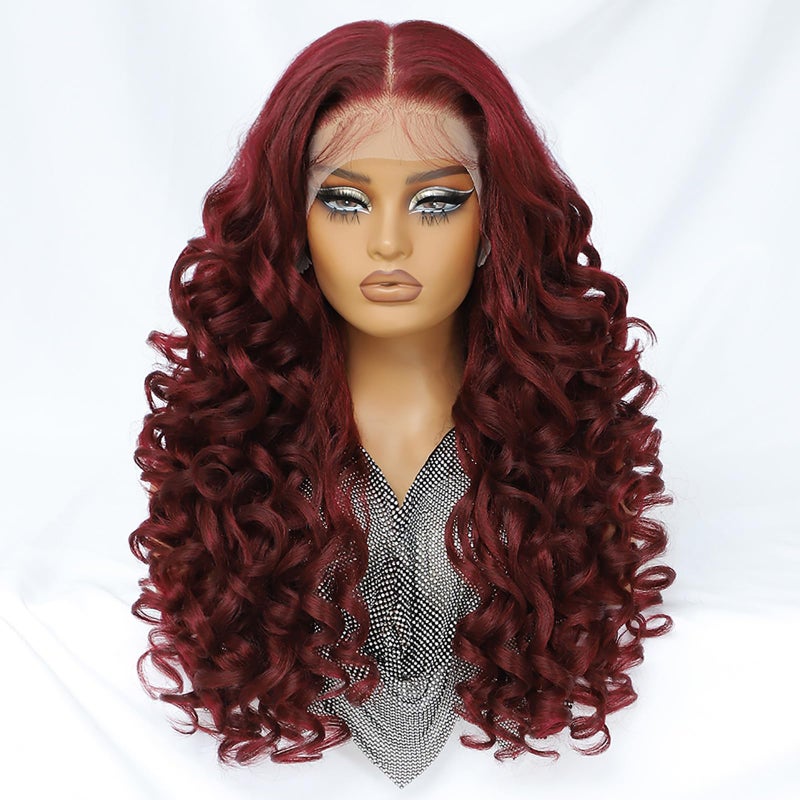 Felek Burgundy Wig Long Synthetic 13x6 Lace Front Wigs for Black and White Women Red Loose Wave HD Transparent Lace Frontal Wigs Pre Plucked 99J Wear and Go Glueless Curly Wig 24 inch - Image 1