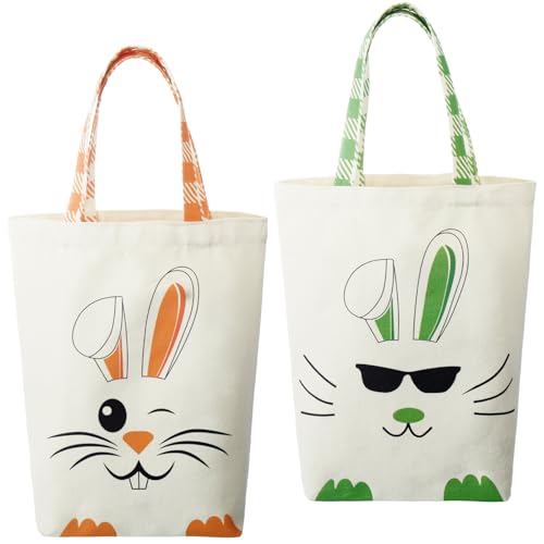 Weewooday 2 Pcs Easter Tote Bags for Kids Easter Canvas Gift Bags Bunny Ears Basket for Boys GirlsGreen Orange - Image 1