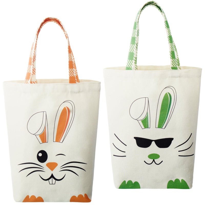 Weewooday 2 Pcs Easter Tote Bags for Kids Easter Canvas Gift Bags Bunny Ears Basket for Boys GirlsGreen Orange - Image 2
