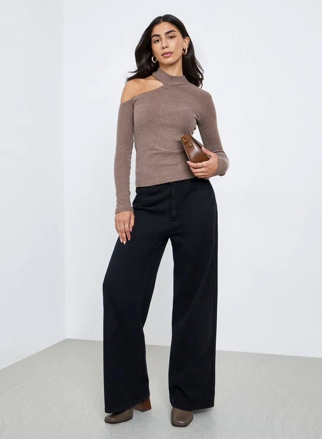 Styli Styli Brown One-Shoulder Knit Top
