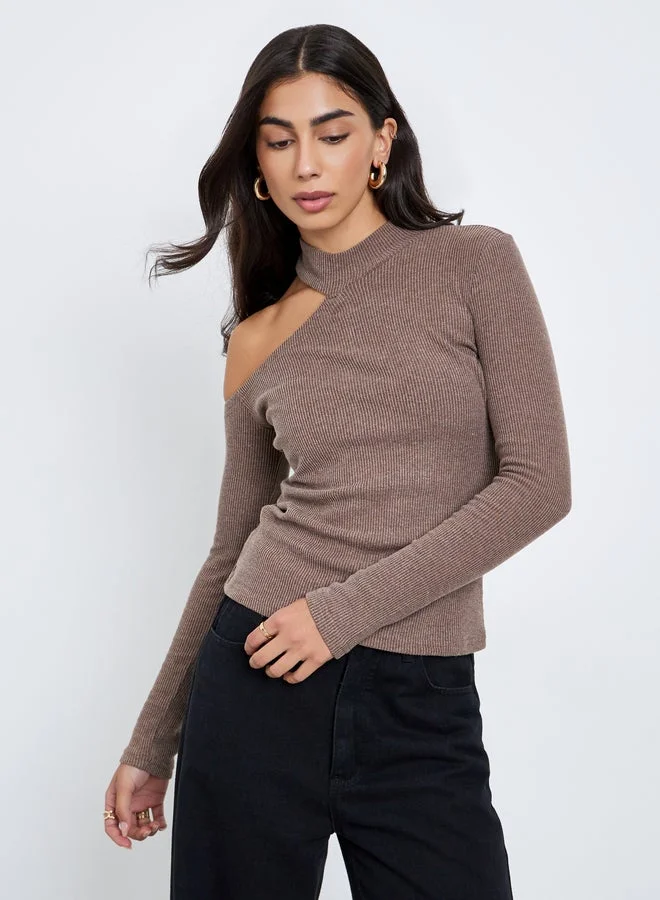 Styli Styli Brown One-Shoulder Knit Top