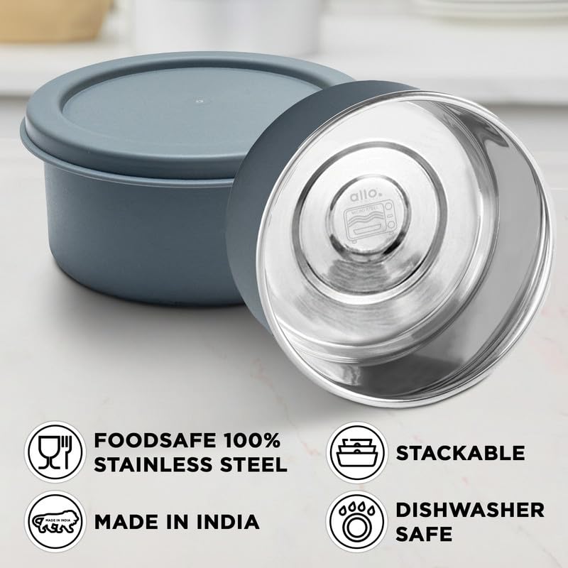 Allo Microwave Safe Stainless Steel Container, AirTight Tiffin & Leak Proof Lunch Boxes Storage Containers with Lids for Kitchen, Office, School, Set of 4, 320ml, Grey - Image 5