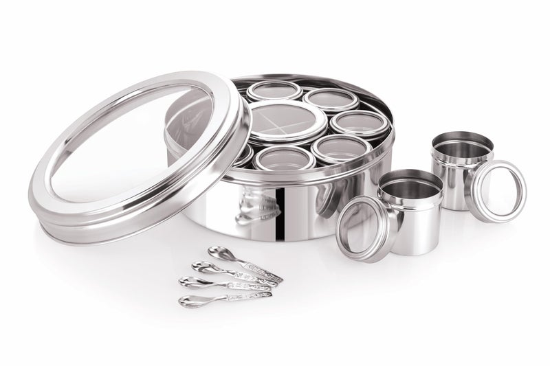 VISAXMI Stainless Steel 12 in 1 Masala Box for Kitchen With See Through Lid | Airtight Spice Box | 8 Small Jars 1 Middle Container With 4 Partitions (2500ml, Silver) - Image 3
