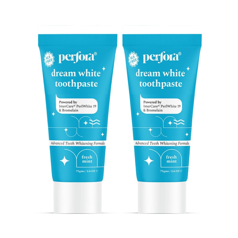 Perfora معجون أسنان بيرفورا دريم للتبييض - 75 جرام (عبوة من 2) | تبييض الأسنان الفوري للأطفال والبالغين | معتمد من Made Safe خالي من SLS وبدون محليات صناعية | جل صديق للنباتات - نكهة النعناع الطازج - Image 1