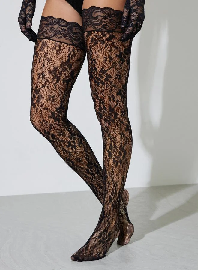 Styli  Pack Of 3 - Floral Lace Underwired Balconette Bodysuit, Stockings And Gloves for Women | Best Price UAE