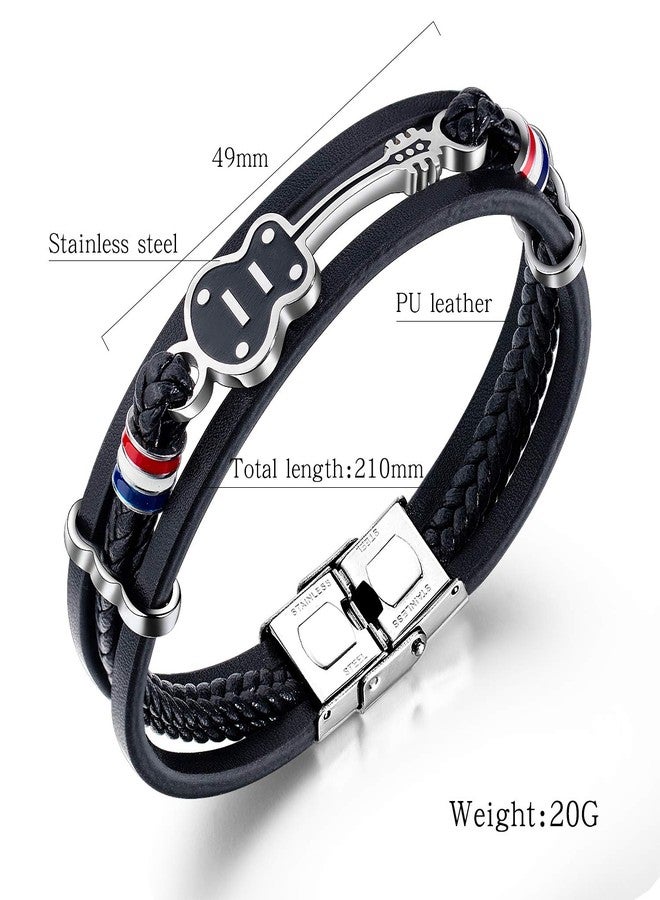 TEMICO Mens Womens Black Leather Cuff Bracelet Multi-Layer Cowhide Handmade Woven Rope Guitar Wristband - Image 2