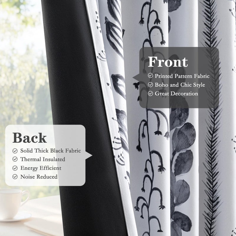 MEETSKY Boho Blackout Leaves Patterned Curtains 84 Inch Long 2 Panels Set for Bedroom, Room Darkening Dark Grey Drapes for Living Room, Thermal Insulated Rod Pocket Back Tab Window Treatment, 50"Wide - Image 4
