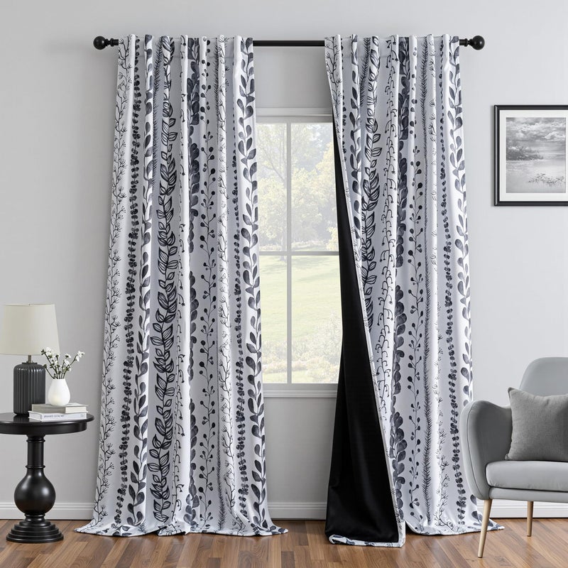 MEETSKY Boho Blackout Leaves Patterned Curtains 84 Inch Long 2 Panels Set for Bedroom, Room Darkening Dark Grey Drapes for Living Room, Thermal Insulated Rod Pocket Back Tab Window Treatment, 50"Wide - Image 1