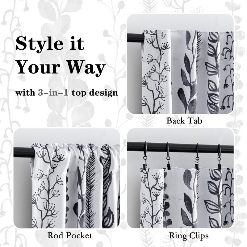 MEETSKY Boho Blackout Leaves Patterned Curtains 84 Inch Long 2 Panels Set for Bedroom, Room Darkening Dark Grey Drapes for Living Room, Thermal Insulated Rod Pocket Back Tab Window Treatment, 50"Wide - Image 3