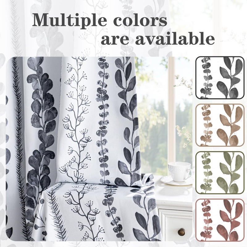 MEETSKY Boho Blackout Leaves Patterned Curtains 84 Inch Long 2 Panels Set for Bedroom, Room Darkening Dark Grey Drapes for Living Room, Thermal Insulated Rod Pocket Back Tab Window Treatment, 50"Wide - Image 2