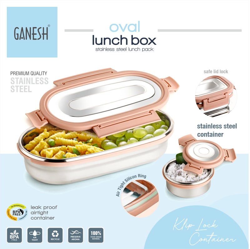 Ganesh Oval Lunch Box Steel with 4 Side Lock Lid, 650 ml and Inner Stainless Steel Container, 100 ml Easy to Carry (Mulitcolor) - Image 3