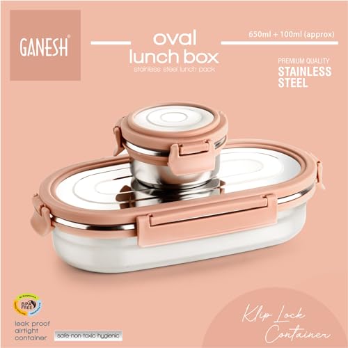 Ganesh Oval Lunch Box Steel with 4 Side Lock Lid, 650 ml and Inner Stainless Steel Container, 100 ml Easy to Carry (Mulitcolor) - Image 2