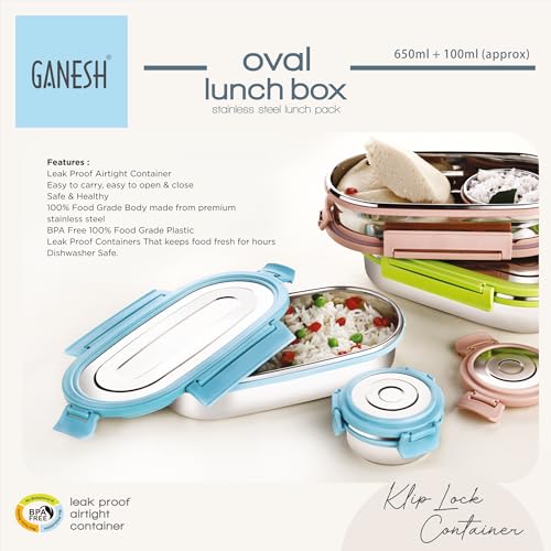 Ganesh Oval Lunch Box Steel with 4 Side Lock Lid, 650 ml and Inner Stainless Steel Container, 100 ml Easy to Carry (Mulitcolor) - Image 5