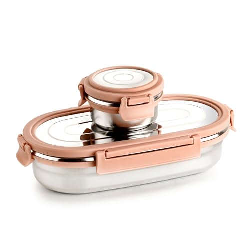 Ganesh Oval Lunch Box Steel with 4 Side Lock Lid, 650 ml and Inner Stainless Steel Container, 100 ml Easy to Carry (Mulitcolor) - Image 1