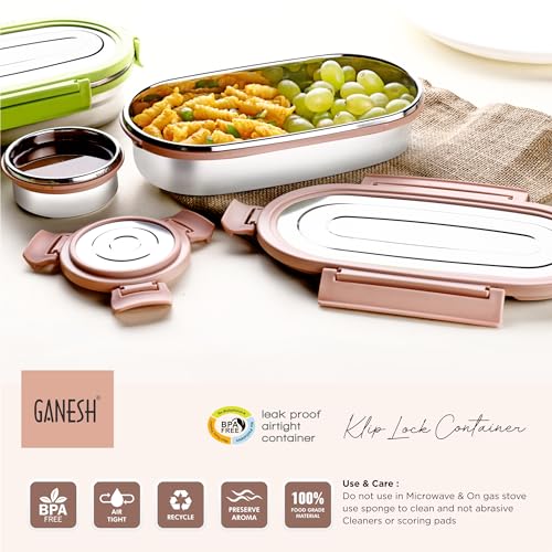 Ganesh Oval Lunch Box Steel with 4 Side Lock Lid, 650 ml and Inner Stainless Steel Container, 100 ml Easy to Carry (Mulitcolor) - Image 4