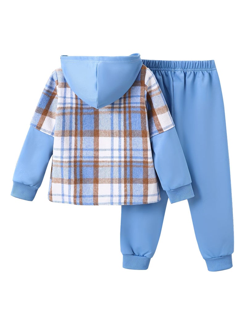 Fdqin 2Pcs Kids Boys Flannel Plaid Shirt Tops Pants Set Hoodie Sweatsuit for Fall Winter Spring Outfits Blue 7-8Year - Image 2