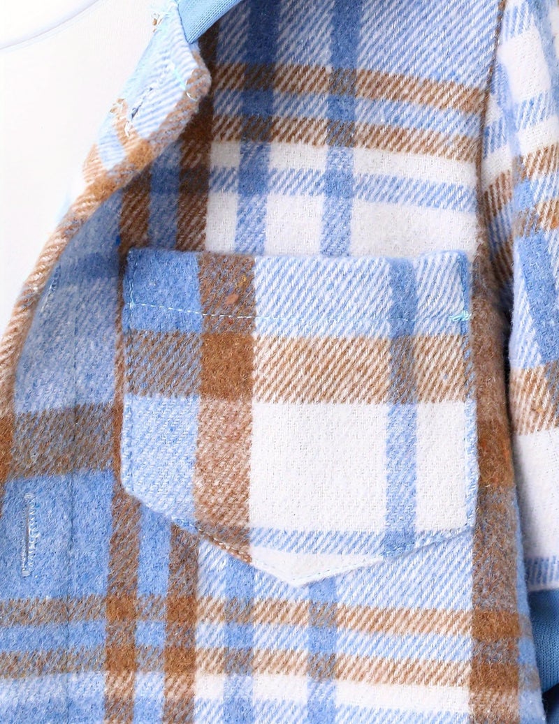 Fdqin 2Pcs Kids Boys Flannel Plaid Shirt Tops Pants Set Hoodie Sweatsuit for Fall Winter Spring Outfits Blue 7-8Year - Image 4