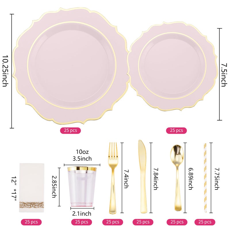 ISFANGCO 200 PCS Pink Thickened Plastic Plates Set for 25 Guests Gold Rimmed Heavy Duty Disposable Plate for Party Wedding with Napkins 25 Dinner & Dessert Plates Spoons Forks Knives Cups - Image 2