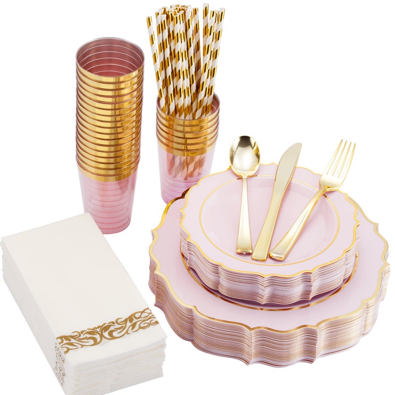 ISFANGCO 200 PCS Pink Thickened Plastic Plates Set for 25 Guests Gold Rimmed Heavy Duty Disposable Plate for Party Wedding with Napkins 25 Dinner & Dessert Plates Spoons Forks Knives Cups - Image 1