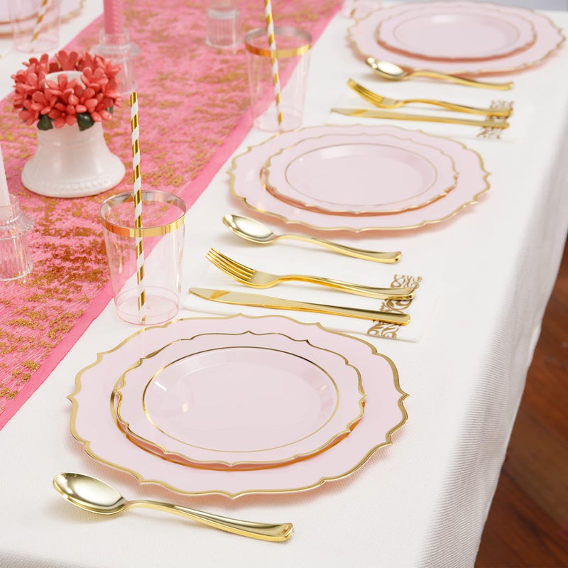 ISFANGCO 200 PCS Pink Thickened Plastic Plates Set for 25 Guests Gold Rimmed Heavy Duty Disposable Plate for Party Wedding with Napkins 25 Dinner & Dessert Plates Spoons Forks Knives Cups - Image 5