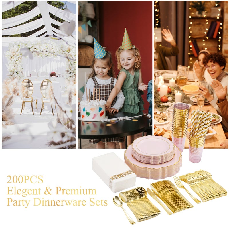 ISFANGCO 200 PCS Pink Thickened Plastic Plates Set for 25 Guests Gold Rimmed Heavy Duty Disposable Plate for Party Wedding with Napkins 25 Dinner & Dessert Plates Spoons Forks Knives Cups - Image 4