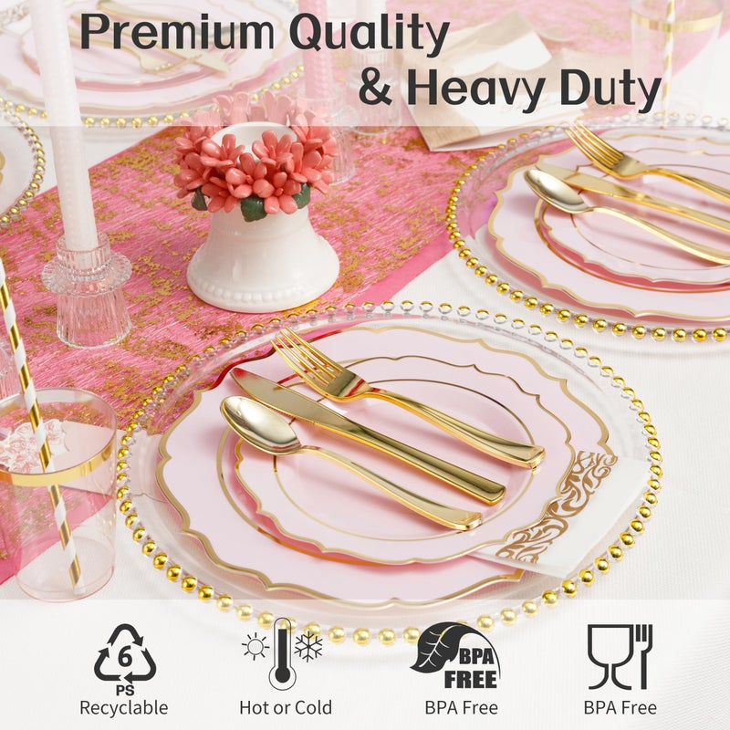 ISFANGCO 200 PCS Pink Thickened Plastic Plates Set for 25 Guests Gold Rimmed Heavy Duty Disposable Plate for Party Wedding with Napkins 25 Dinner & Dessert Plates Spoons Forks Knives Cups - Image 3