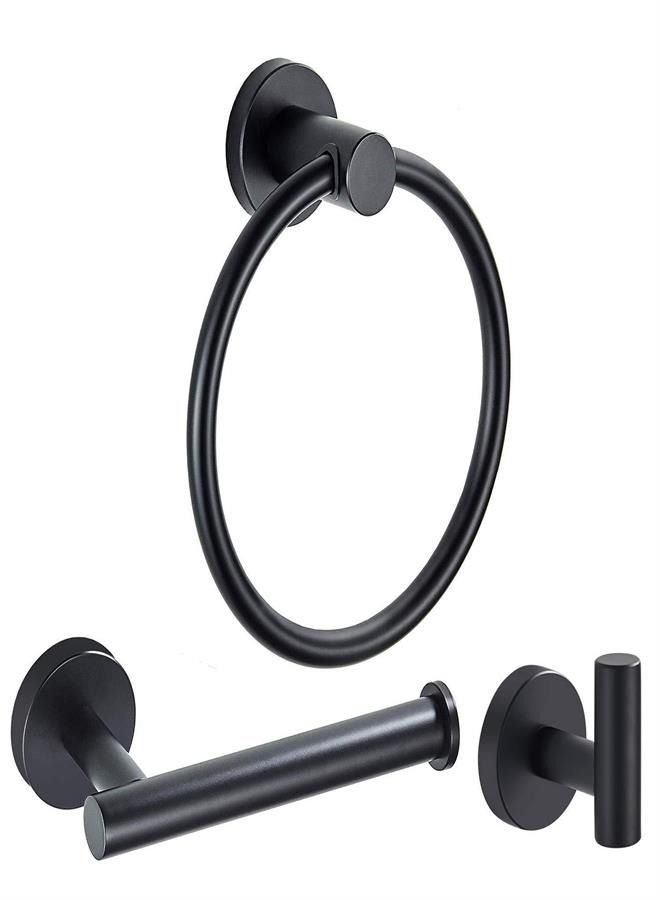 3 Piece Bathroom Accessories Set Matte Black, Modern Stainless Steel Bath Fixtures Kit with Hand Towel Ring, Toilet Paper Holder, Robe Towel Hook  - Image 1