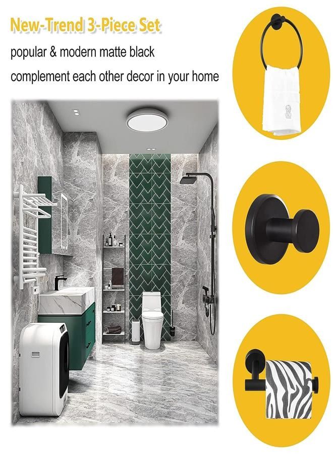 3 Piece Bathroom Accessories Set Matte Black, Modern Stainless Steel Bath Fixtures Kit with Hand Towel Ring, Toilet Paper Holder, Robe Towel Hook  - Image 2