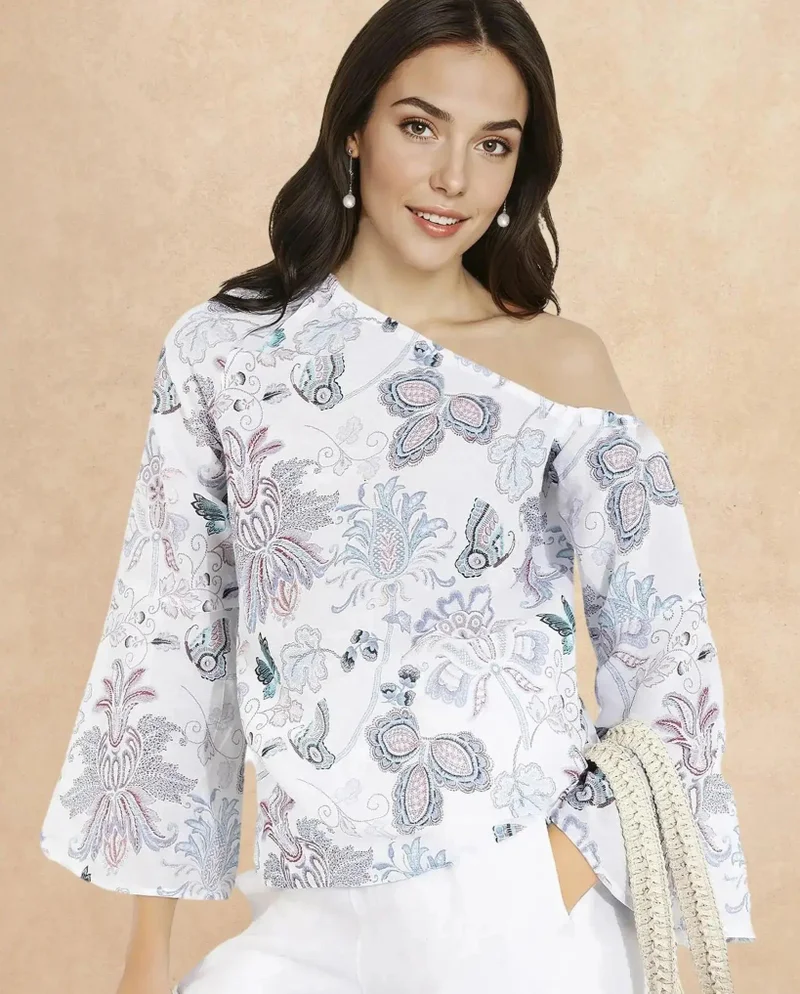 Rareism Women's One Shoulder Paisley Print Top