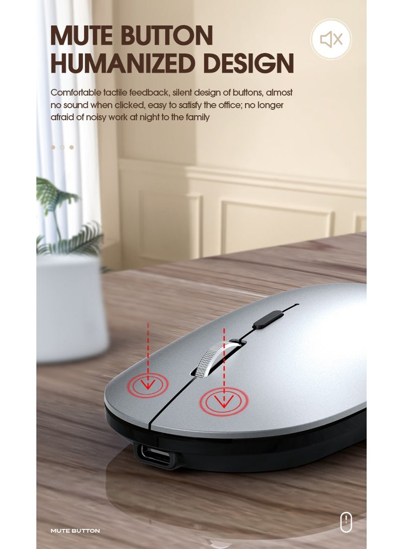 T-WOLF Silent dual-mode office mouse X2-2.4G wireless and Bluetooth 5.0 | Adjustable DPI (800/1200/1600) | Ergonomic design of aluminum alloy wheels | Type-C charging (500mAh battery) | Automatic sleep mode after 60 seconds | Compatible with laptop/PC/Mac - Silver - Image 3