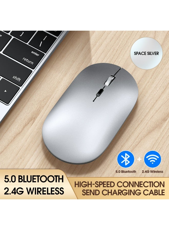 T-WOLF Silent dual-mode office mouse X2-2.4G wireless and Bluetooth 5.0 | Adjustable DPI (800/1200/1600) | Ergonomic design of aluminum alloy wheels | Type-C charging (500mAh battery) | Automatic sleep mode after 60 seconds | Compatible with laptop/PC/Mac - Silver - Image 2
