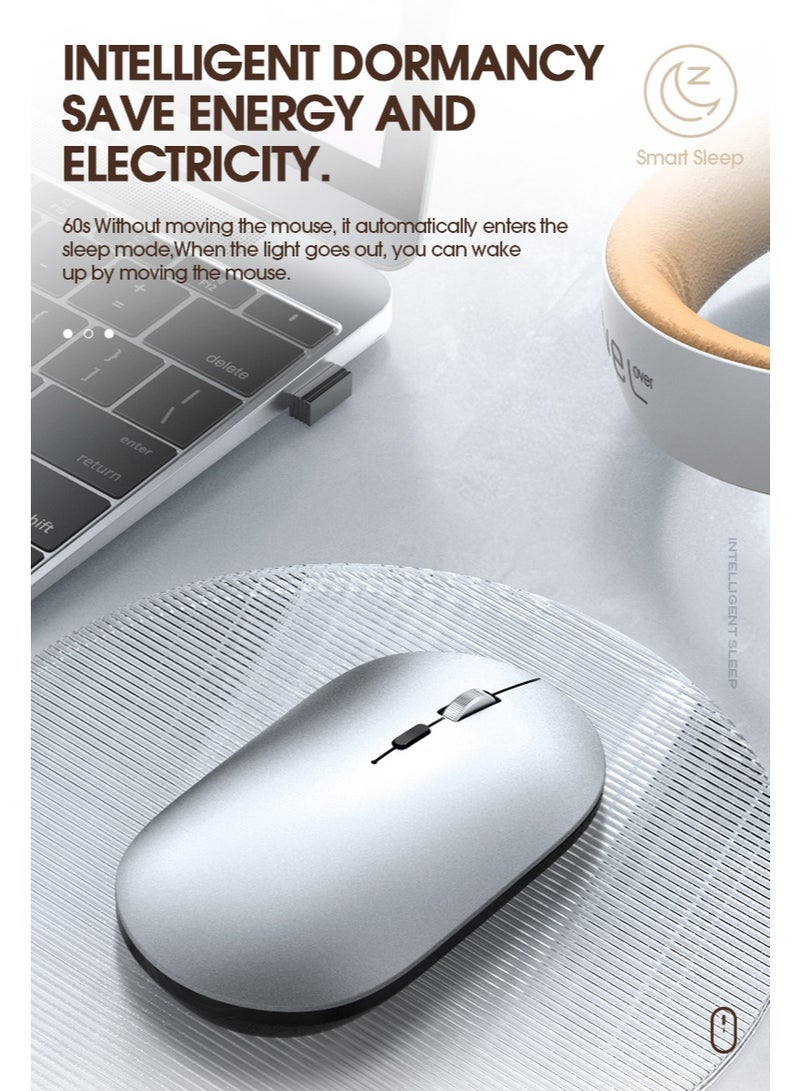 T-WOLF Silent dual-mode office mouse X2-2.4G wireless and Bluetooth 5.0 | Adjustable DPI (800/1200/1600) | Ergonomic design of aluminum alloy wheels | Type-C charging (500mAh battery) | Automatic sleep mode after 60 seconds | Compatible with laptop/PC/Mac - Silver - Image 5