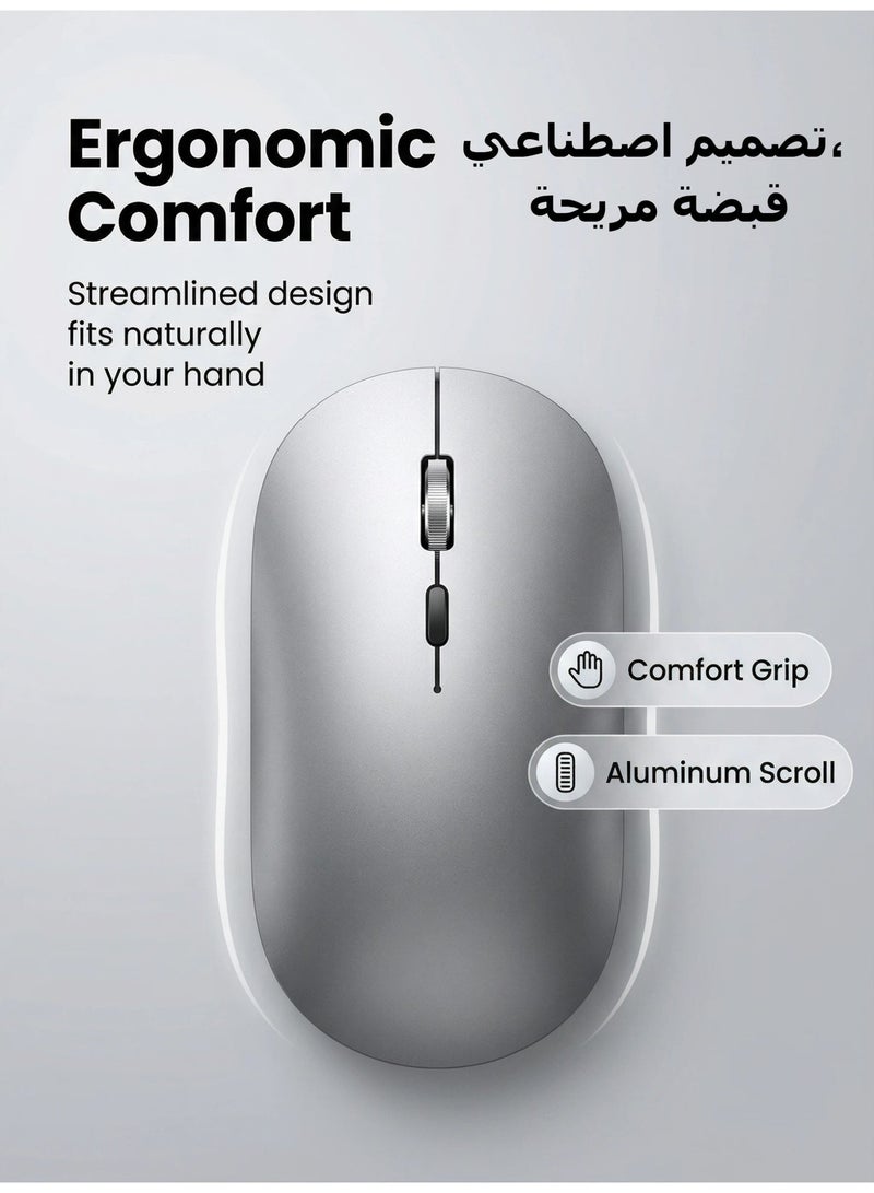 AOR Esports ماوس مكتب ماوس بلوتوث ماوس X2-2.4G لاسلكي و بلوتوث 5.0  DPI قابل للتعديل (800/1200/1600)  تصميم إيرغونومي من بكرات سبيكة الألومنيوم  شحن نوع C (بطارية 500 مAh)  60 ثانية وضع النوم التلقائي  مناسب للكمبيوتر المحمول / الكمبيوتر الشخصي / ماك الفضة - Image 2
