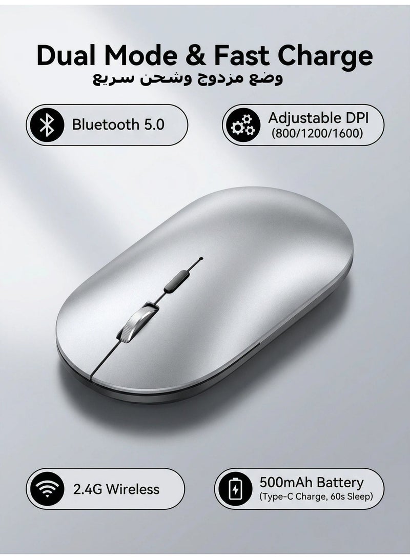 AOR Esports ماوس مكتب ماوس بلوتوث ماوس X2-2.4G لاسلكي و بلوتوث 5.0  DPI قابل للتعديل (800/1200/1600)  تصميم إيرغونومي من بكرات سبيكة الألومنيوم  شحن نوع C (بطارية 500 مAh)  60 ثانية وضع النوم التلقائي  مناسب للكمبيوتر المحمول / الكمبيوتر الشخصي / ماك الفضة - Image 1