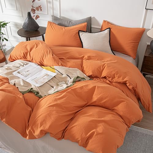 Janlive Washed Cotton Duvet Cover Set Linen Feel Textured Ultra Soft 100% Cotton Solid Color Orange Duvet Cover Set with Zipper Closure - 2 Pieces Orange Twin - Image 2