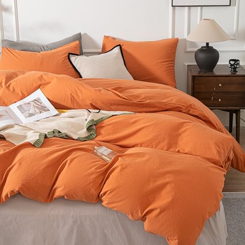 Janlive Washed Cotton Duvet Cover Set Linen Feel Textured Ultra Soft 100% Cotton Solid Color Orange Duvet Cover Set with Zipper Closure - 2 Pieces Orange Twin - Image 4