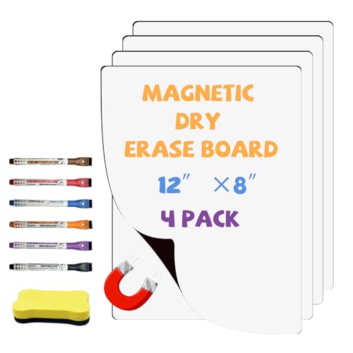UJL Magnetic Whiteboard for Fridge White Board 12"X8" 4 Pack Magnetic Dry Erase Board with 6 Markers & 1 Eraser Home Kitchen Blank Notepad Small Whiteboard for Organizer and Planner - Image 1