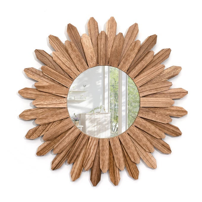WALL MIRROR 21 INCH RUSTIC WOOD FARMHOUSE MIRROR SUNBURST BOHO MIRROR WALL DECOR ROOM DECOR HOME AESTHETIC DECOR FOR BEDROOM LIVING ROOM ENTRYWAY CARBONIZED BLACK