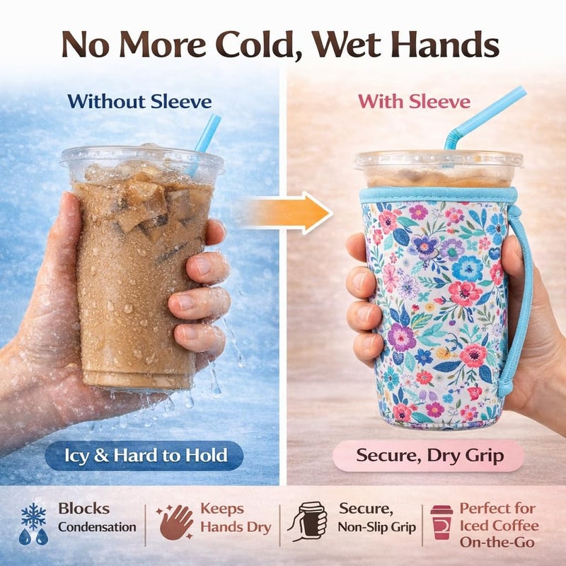 KJQJLY 3 Pack Reusable Iced Coffee Sleeves for Iced Coffee Cups or Drinks Reusable Neoprene Insulated Sleeves for Hot and Cold Drinks from Starbucks, Dunkin, And More (White Flower Bush) - Image 3