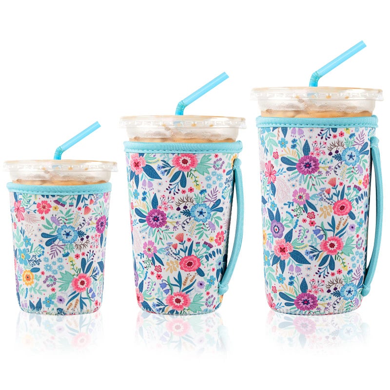 KJQJLY 3 Pack Reusable Iced Coffee Sleeves for Iced Coffee Cups or Drinks Reusable Neoprene Insulated Sleeves for Hot and Cold Drinks from Starbucks, Dunkin, And More (White Flower Bush) - Image 1
