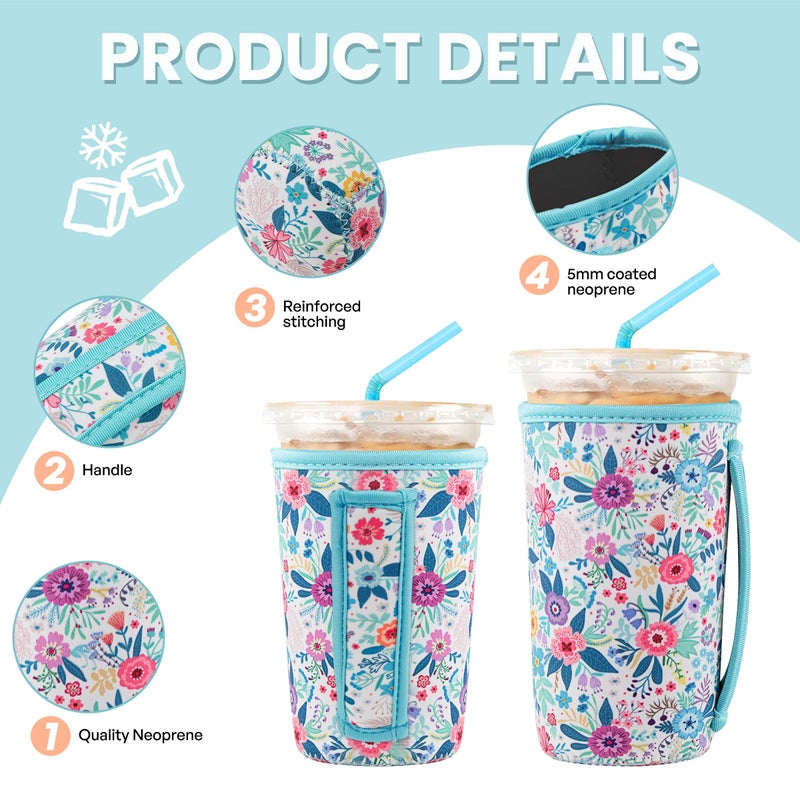 KJQJLY 3 Pack Reusable Iced Coffee Sleeves for Iced Coffee Cups or Drinks Reusable Neoprene Insulated Sleeves for Hot and Cold Drinks from Starbucks, Dunkin, And More (White Flower Bush) - Image 4