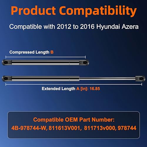 Euplokeer Qty (2) 4B-978744 Front Hood Strut Lift Support Compatible with 2012 to 2016 Hyundai Azera, Bonnet Shock Strut Spring Replace OE# 811613V001 811713V001 - Image 2