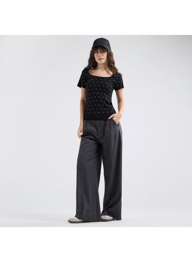 Splash FAV Textured Square Neck T-shirt with Short Sleeves - Image 2