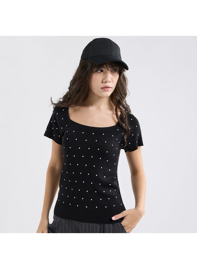 Splash FAV Textured Square Neck T-shirt with Short Sleeves - Image 1